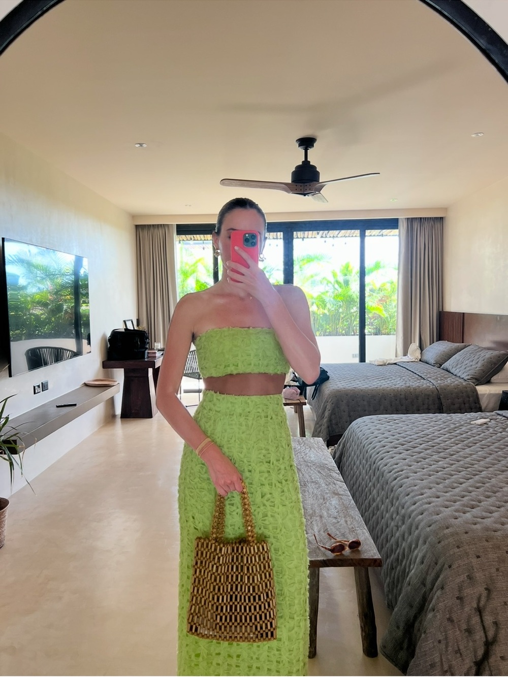Aje Lime Green Textured Bandeau Crop Top & Maxi Skirt Set